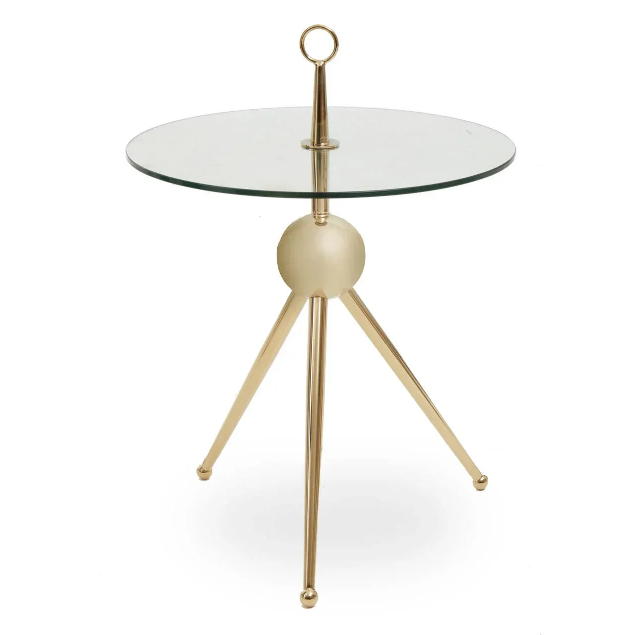 Round glass side table with gold metal tripod legs and ring handle accent