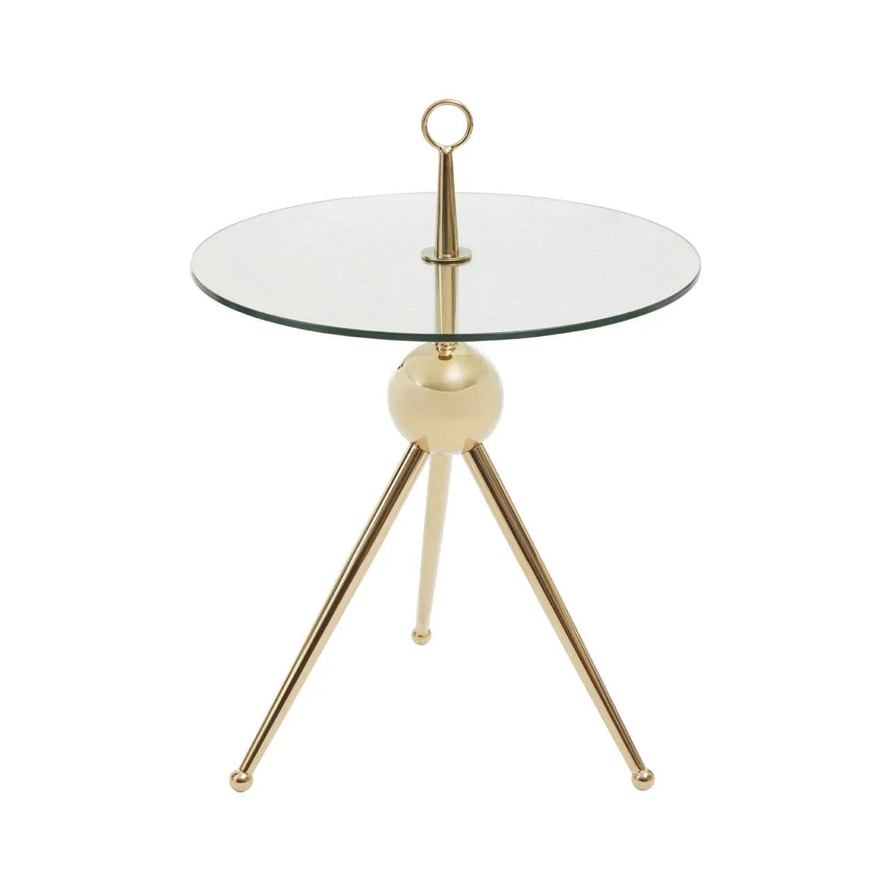 Round glass side table with gold tripod legs and ring handle
