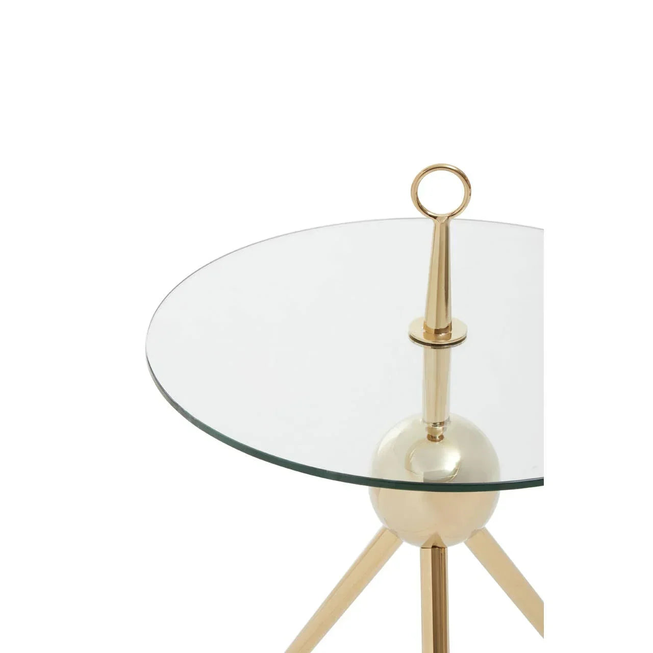 Glass top side table with gold tripod legs and decorative ring handle