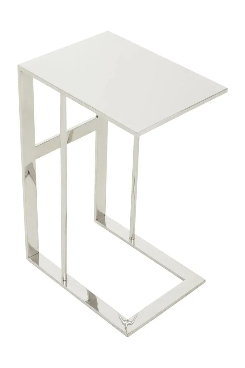 Modern side table with white top and chrome metal frame, angled front view