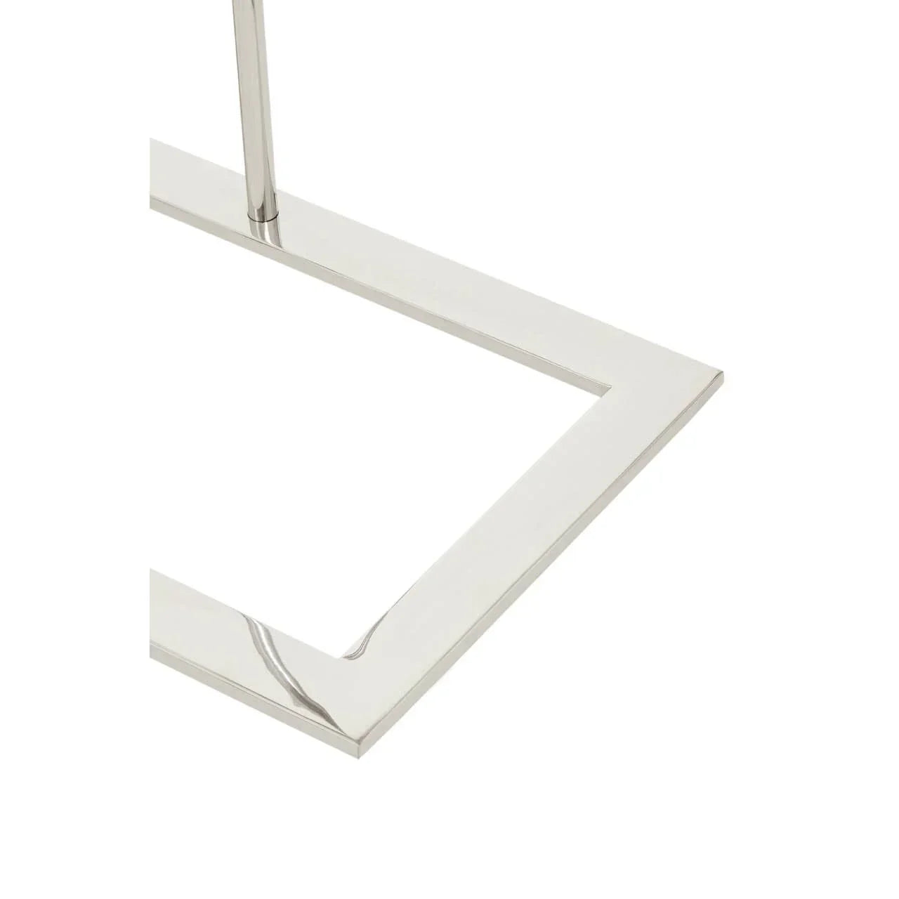 Polished chrome table leg with rectangular metal base on white background