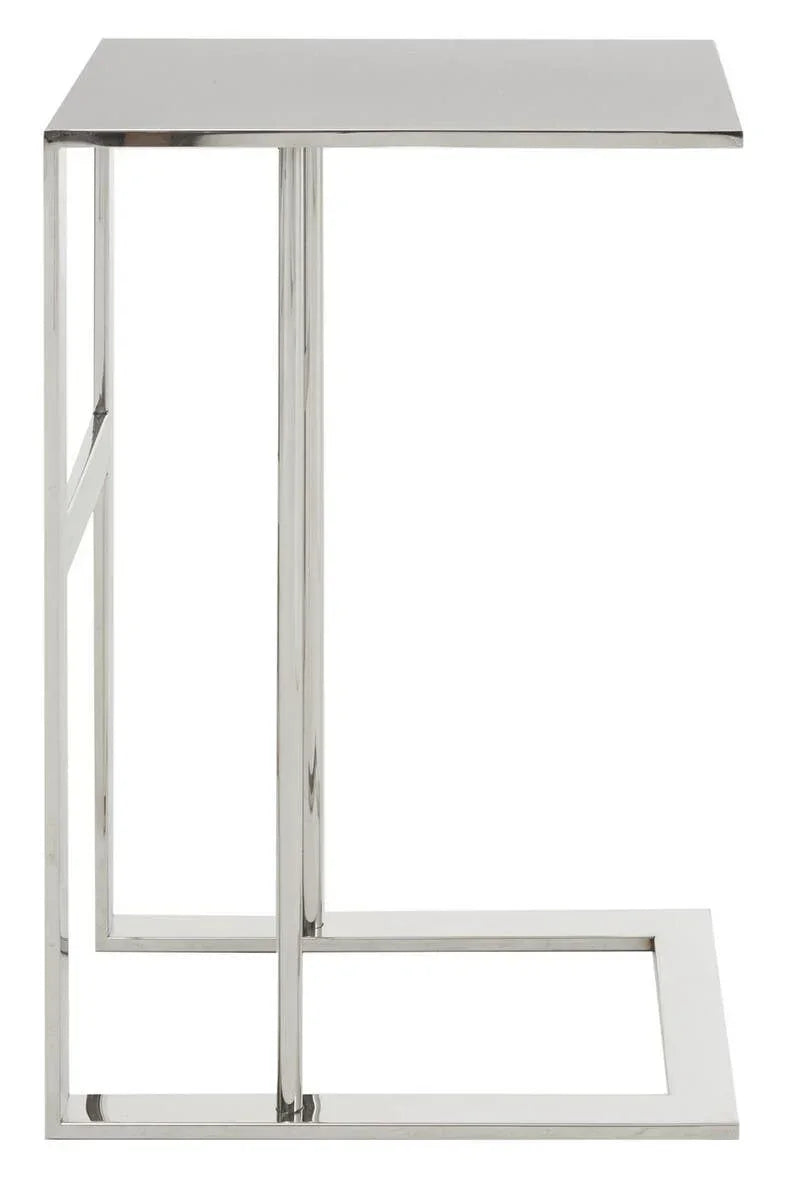 Chrome metal side table with rectangular top and open base, modern minimalist design
