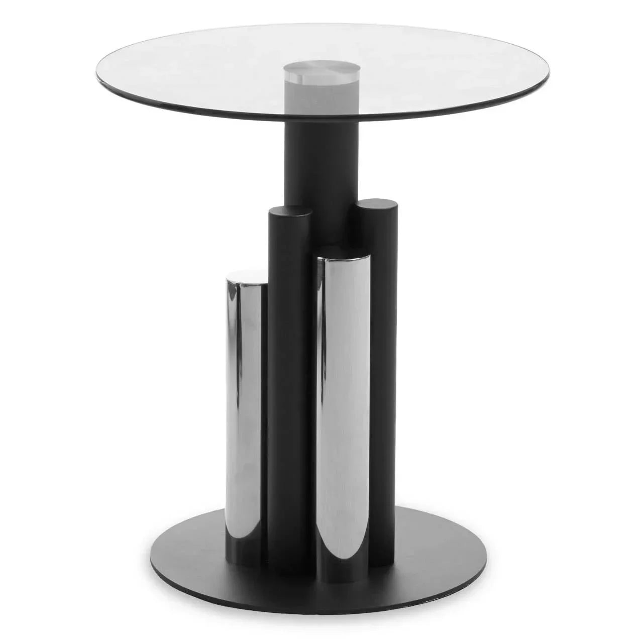 Round glass side table with black and chrome cylindrical metal base on white background