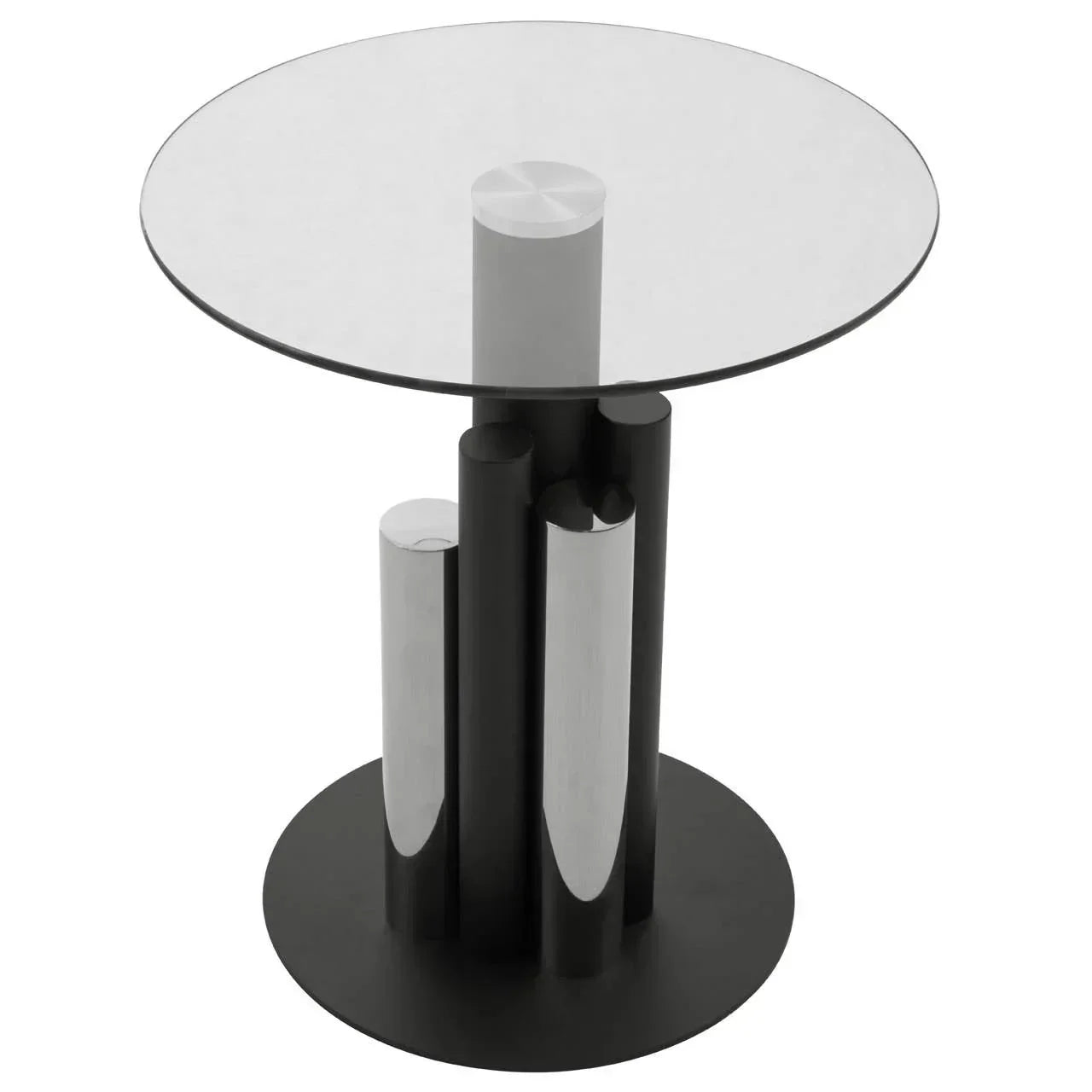 Round glass top side table with black and chrome metal tubular base on a circular stand