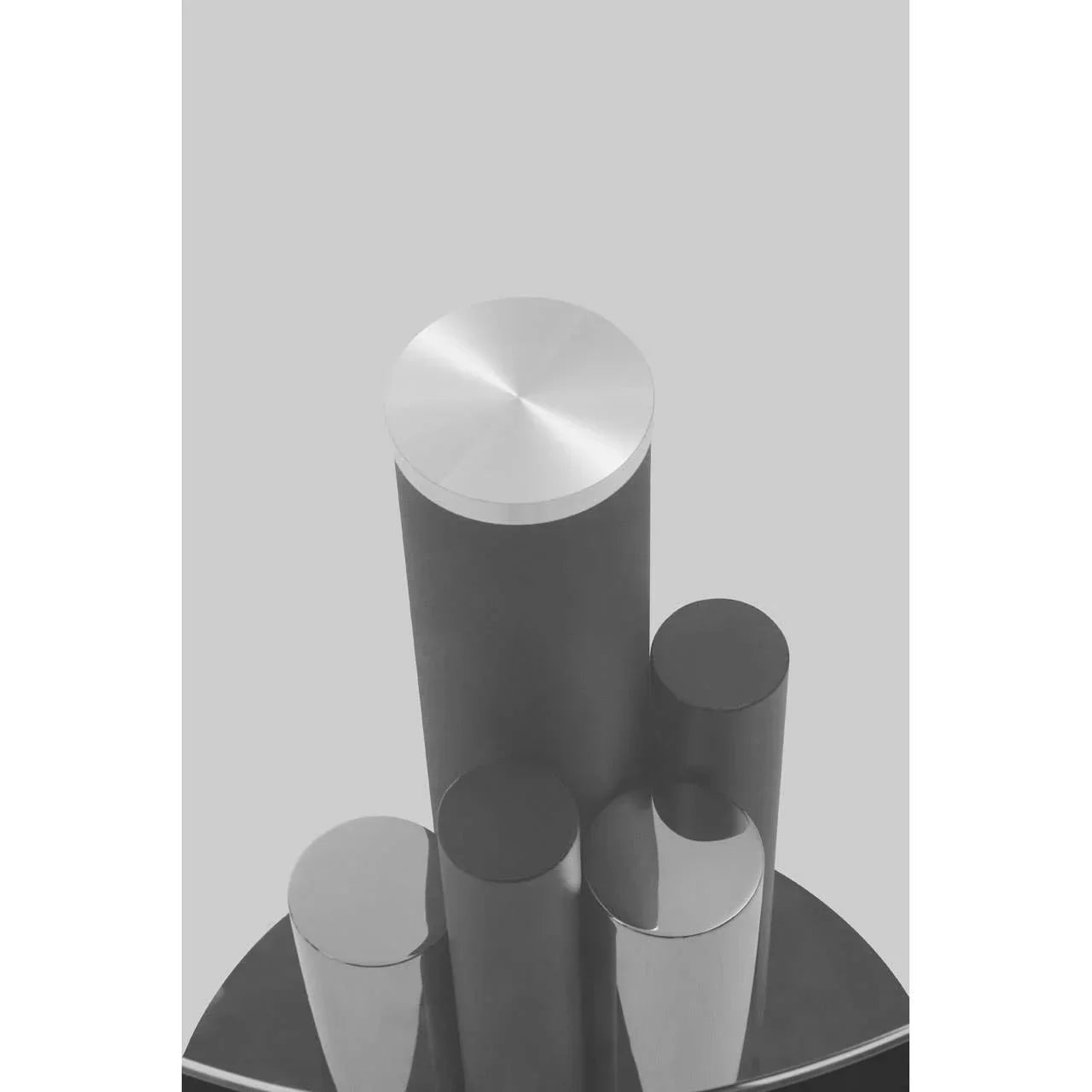 Polished chrome dining table base with cylindrical supports and mirrored finish