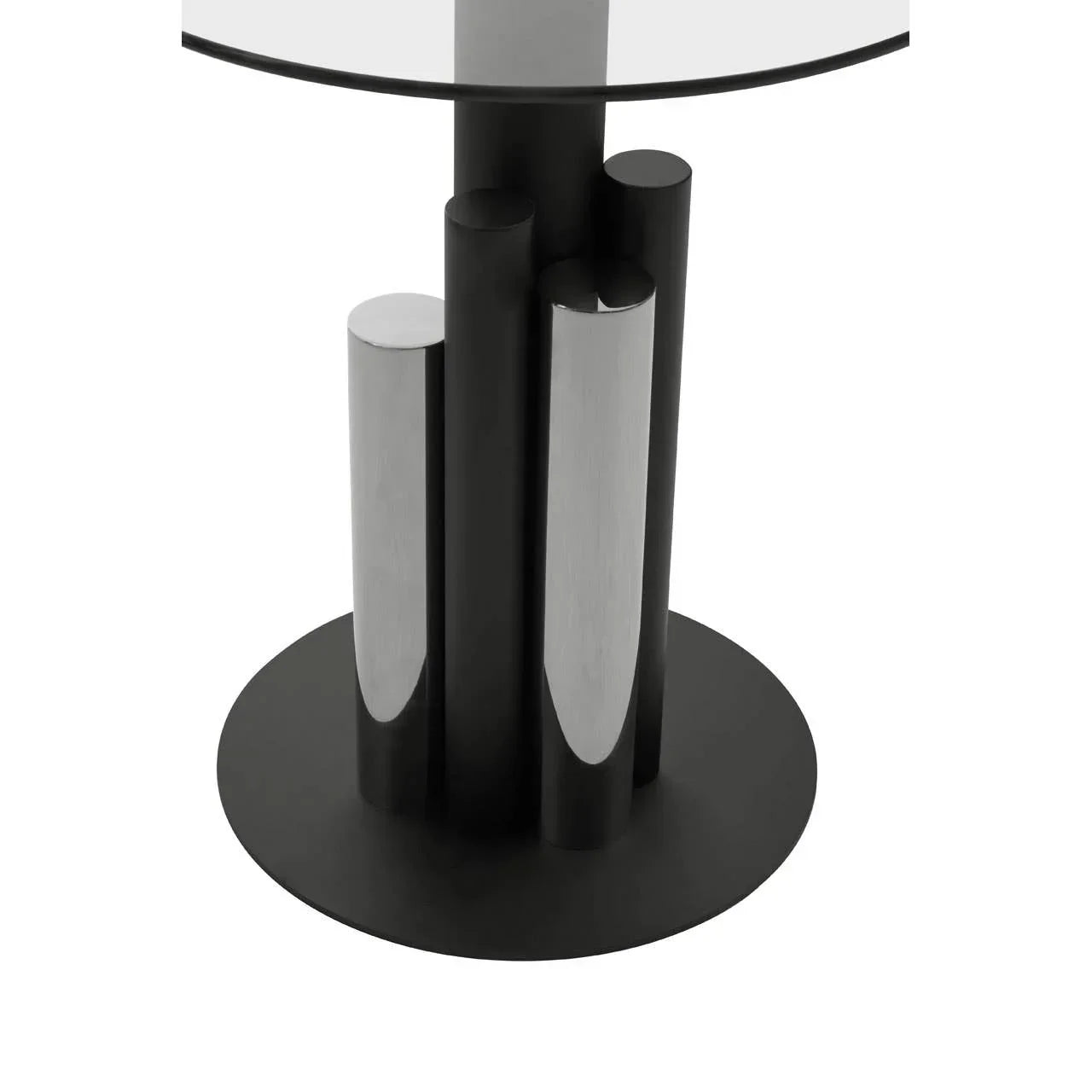 Round glass dining table with black and chrome metal pillar base