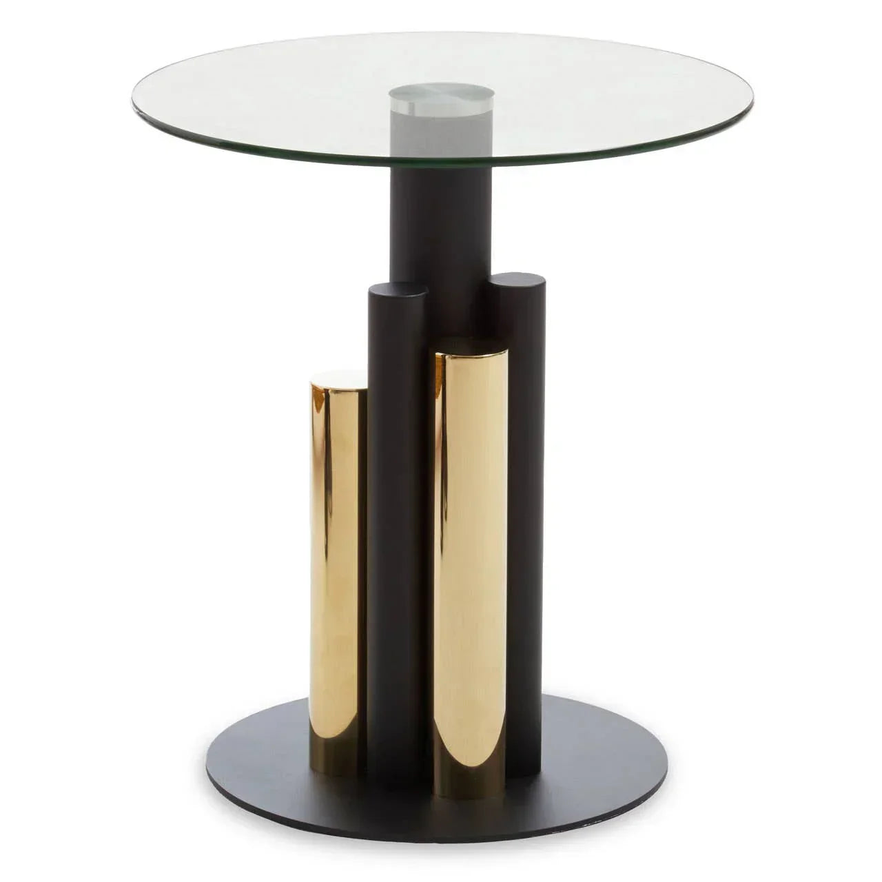 Glass top side table with black and gold cylindrical base on round black platform