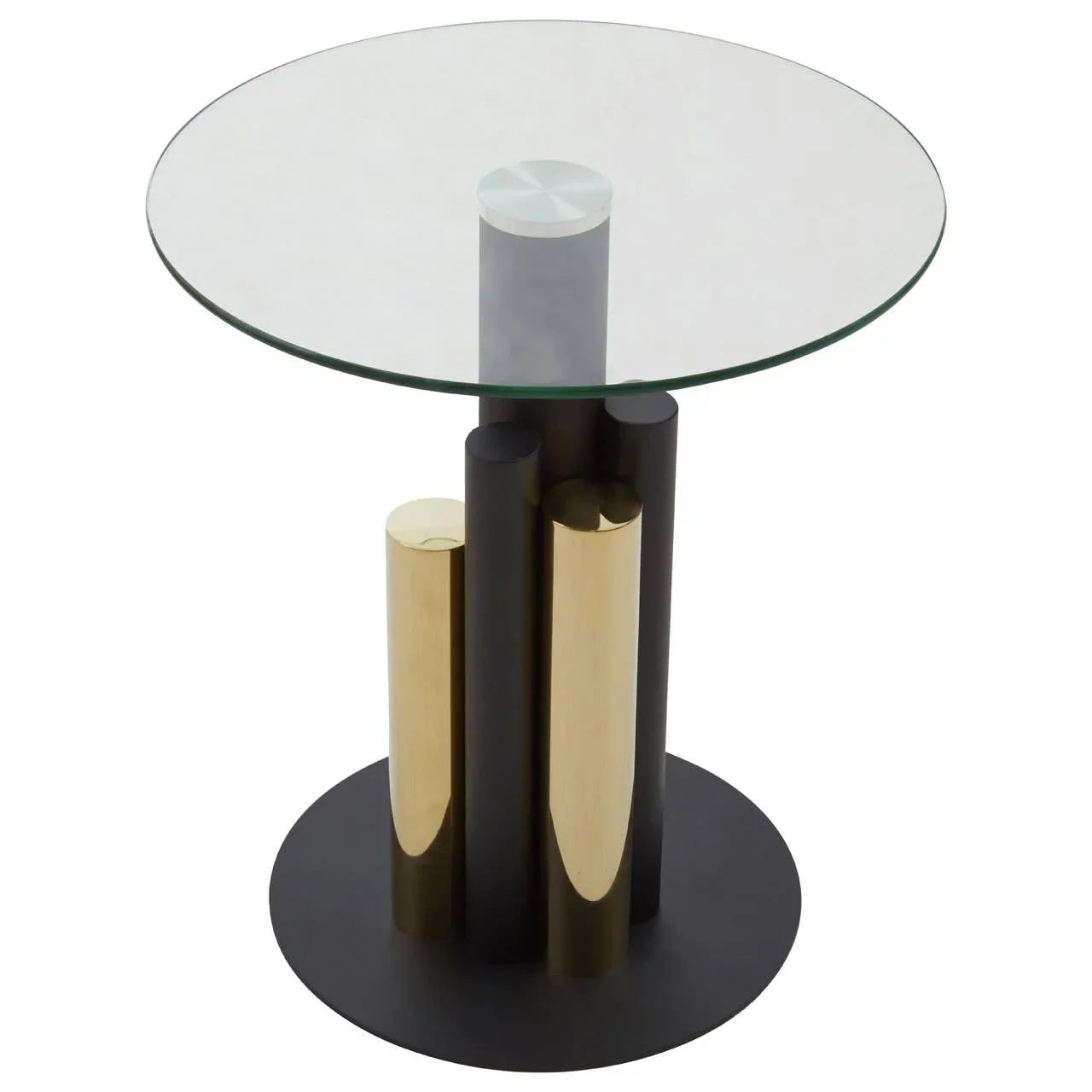 Round glass side table with gold and black metal cylindrical base on black circular platform