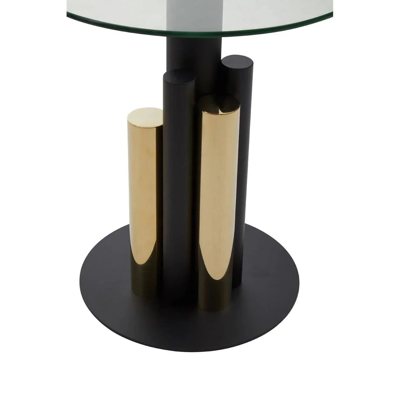 Round glass side table with black and gold cylindrical base on circular foot