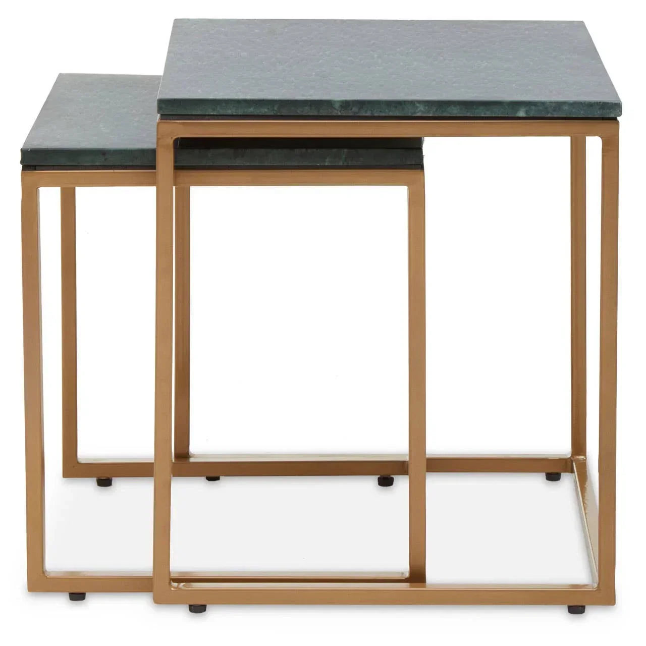 Set of two nesting tables with gold metal frames and green stone tops