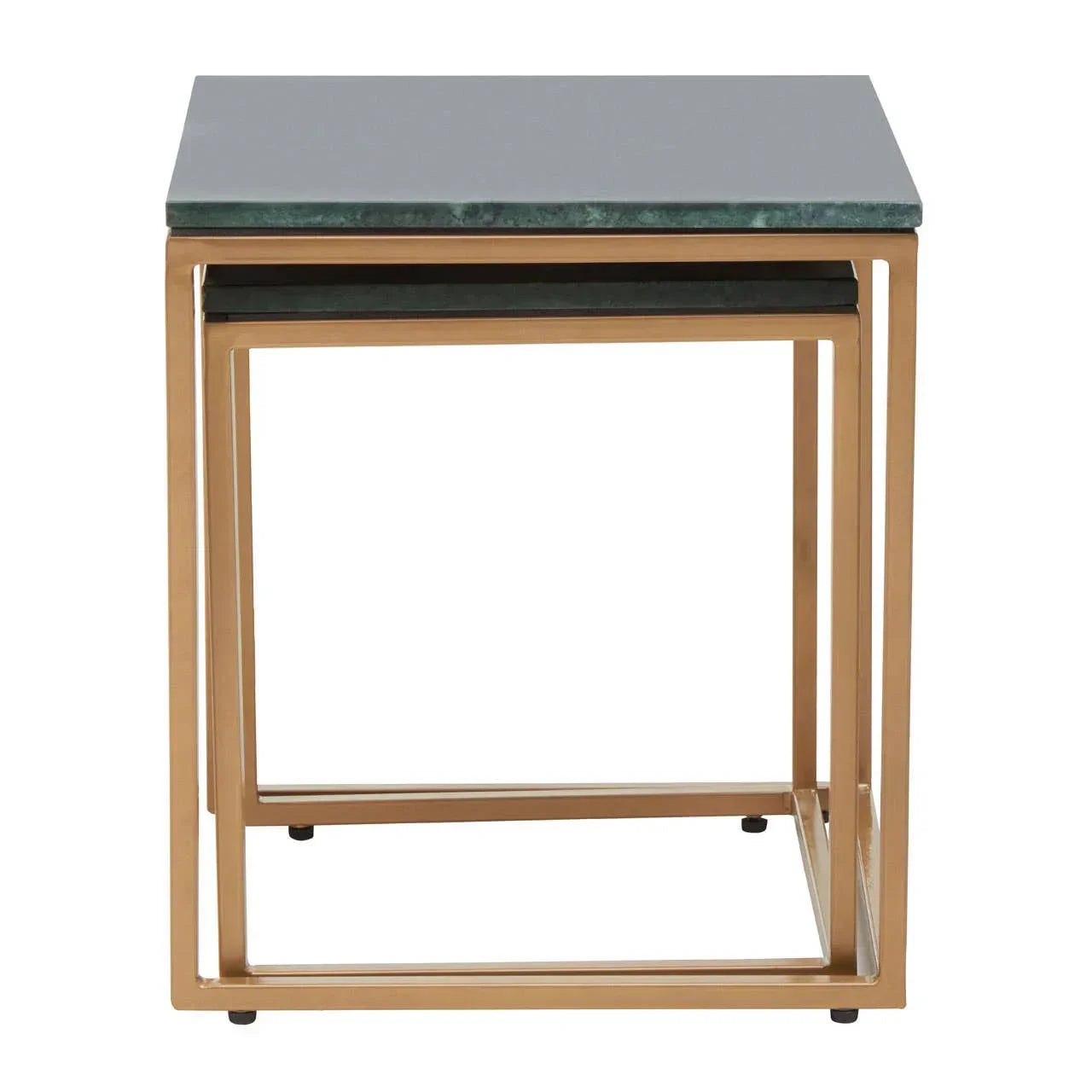 Gold metal nesting tables with green marble tops, front view