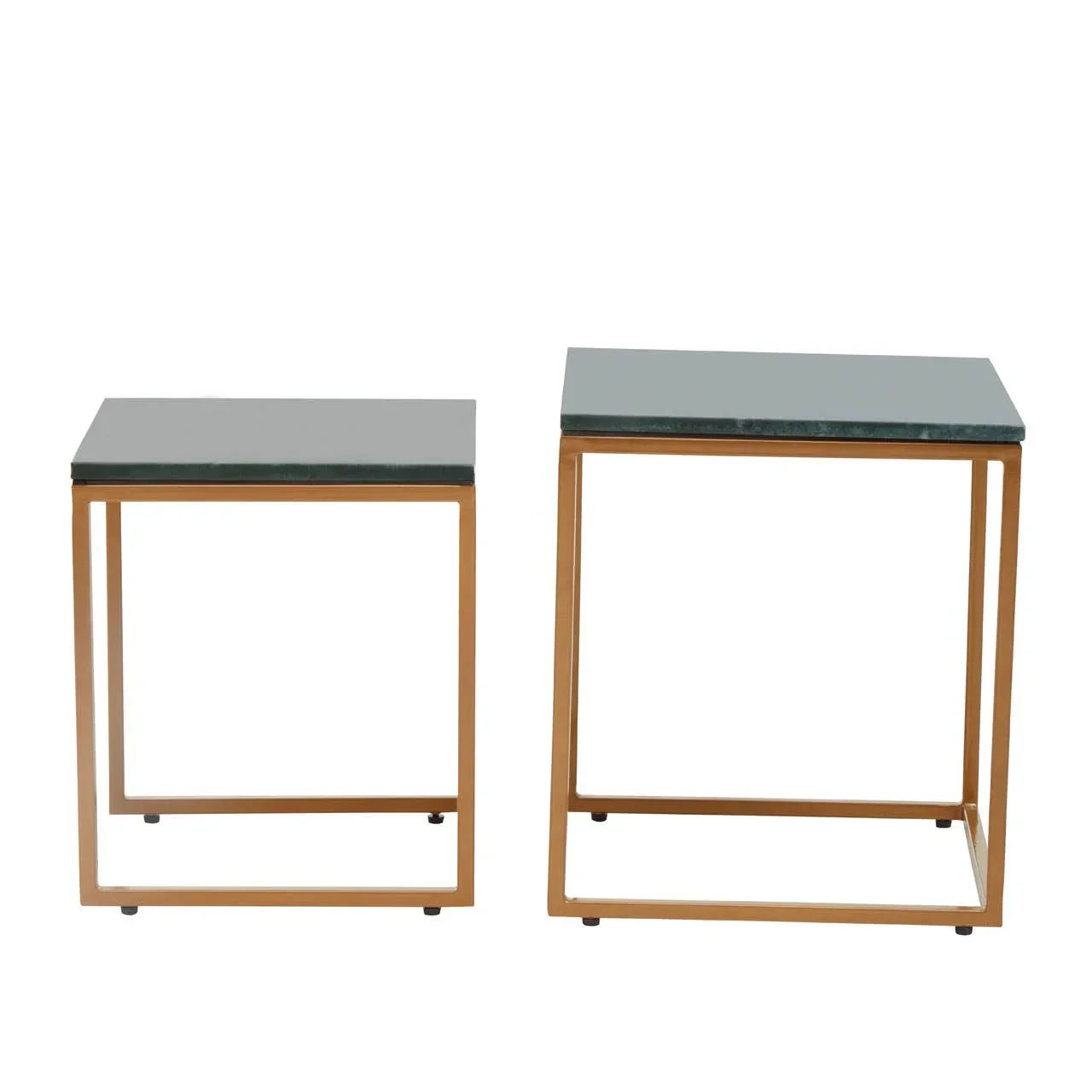 Set of two square nesting side tables with gold metal frame and dark green marble tops