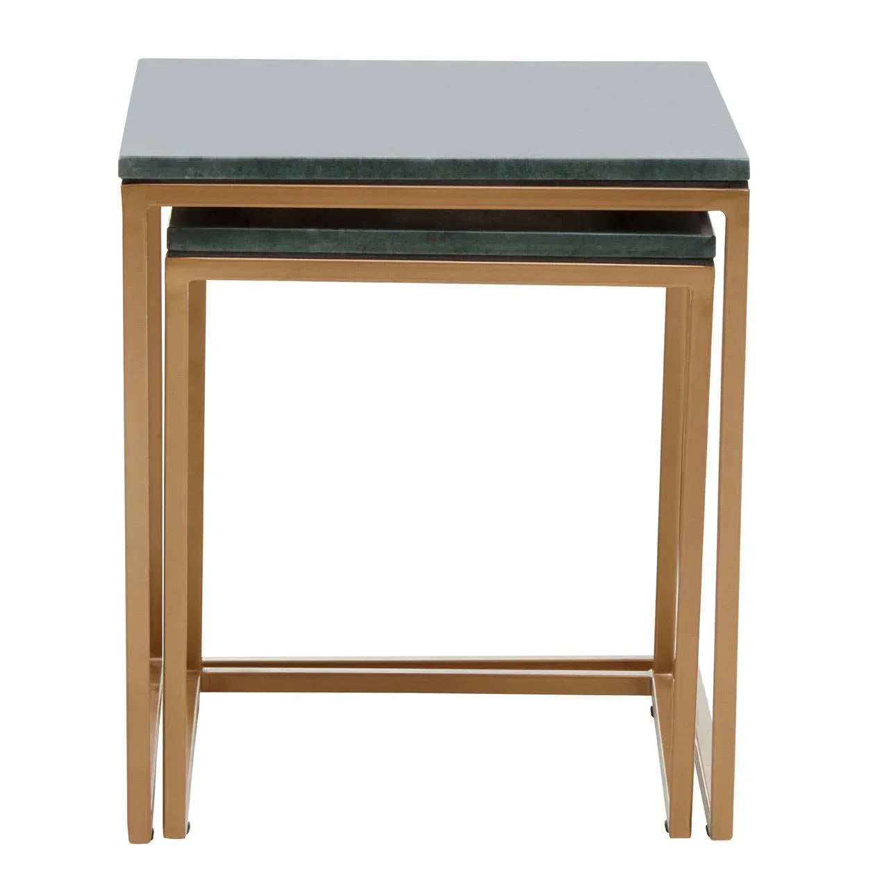 Gold metal nesting tables with green marble tops, set of two, front view