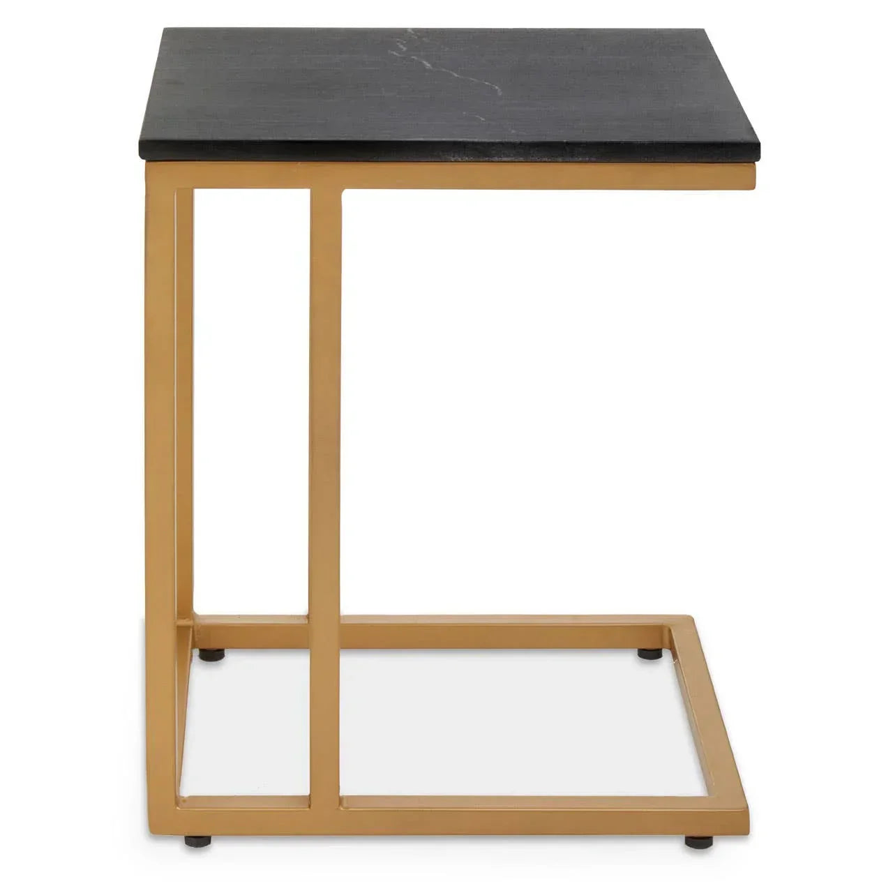 Black marble top side table with gold metal frame, modern C shape design