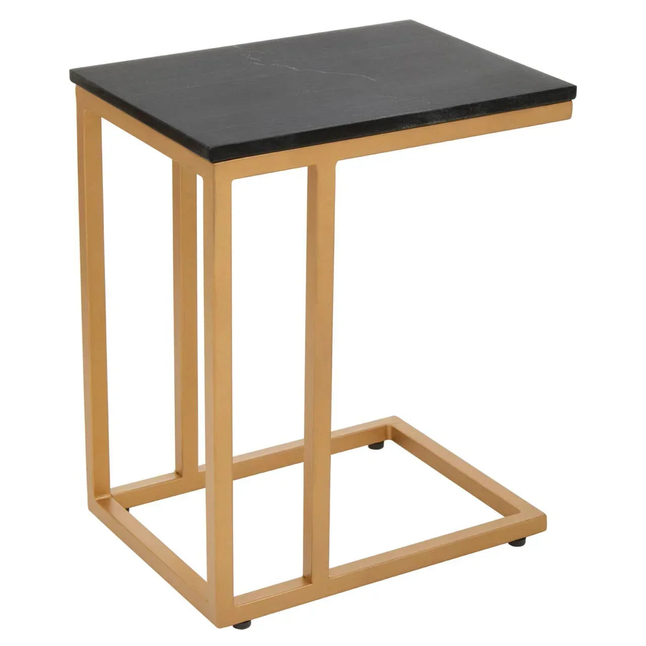 Black marble side table with gold metal frame in modern C-shape design