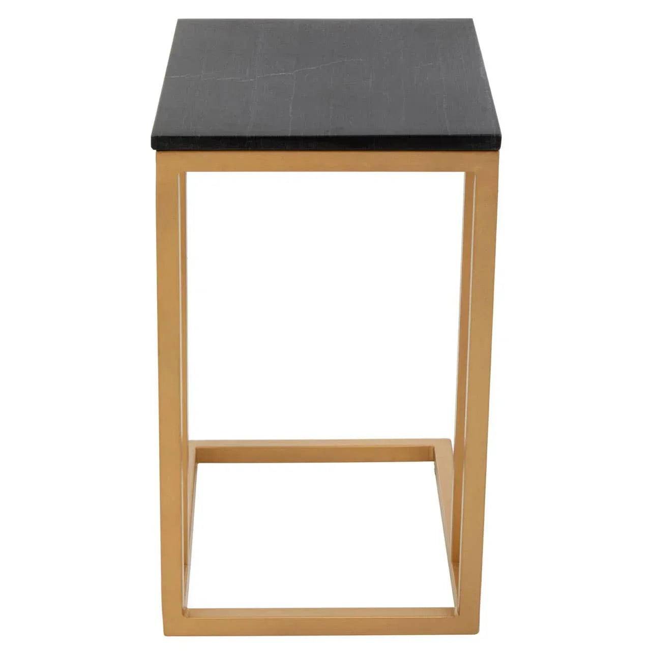 Black marble side table with gold metal frame, front view