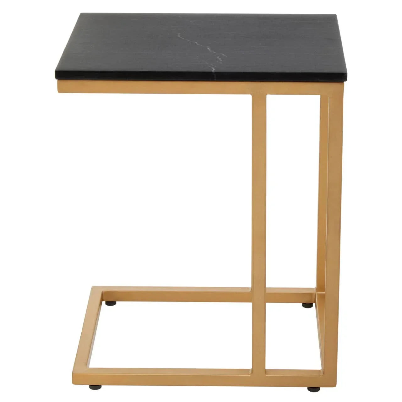 Black marble top side table with gold metal frame, modern C-shaped design