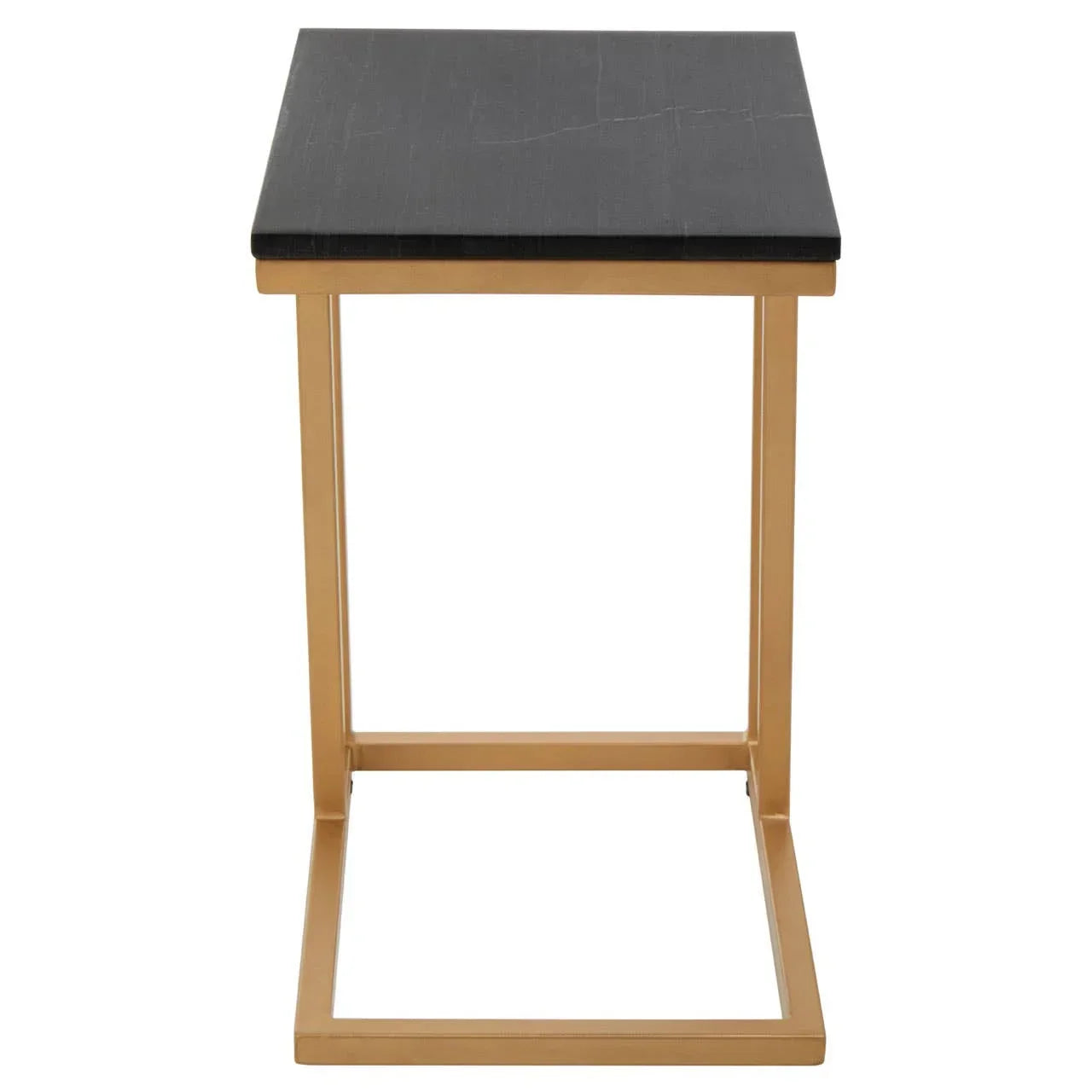 Black marble side table with gold metal frame, front view