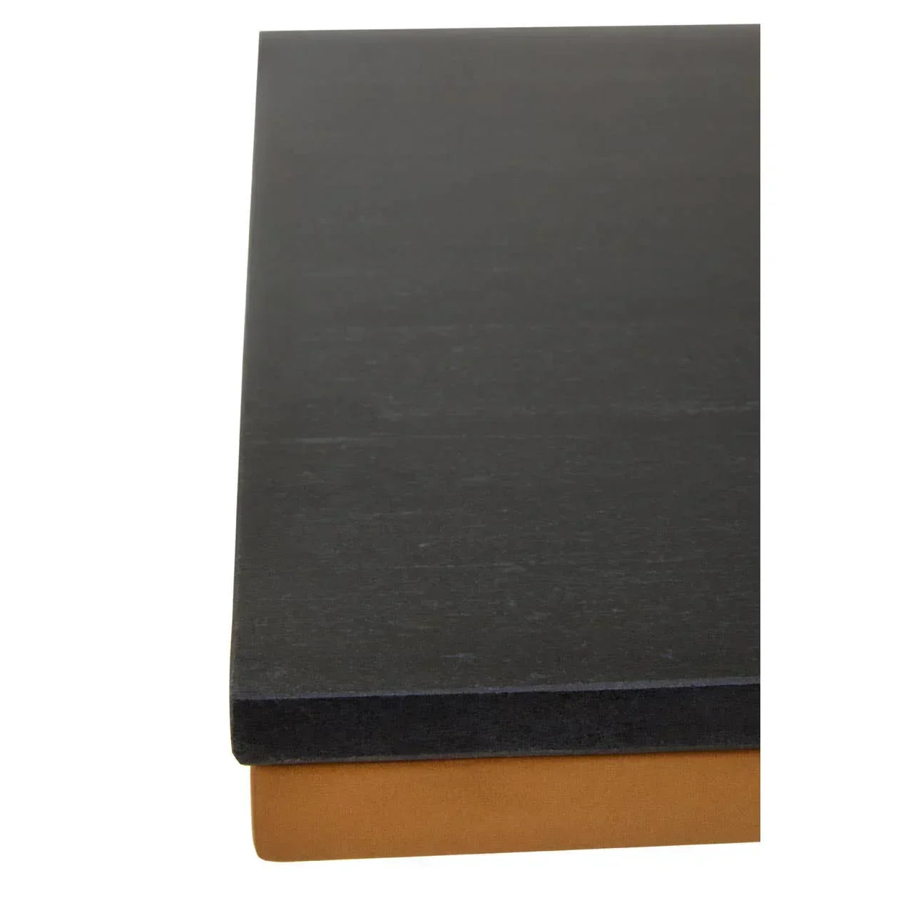 Close up of black wood tabletop with visible brown wooden edge