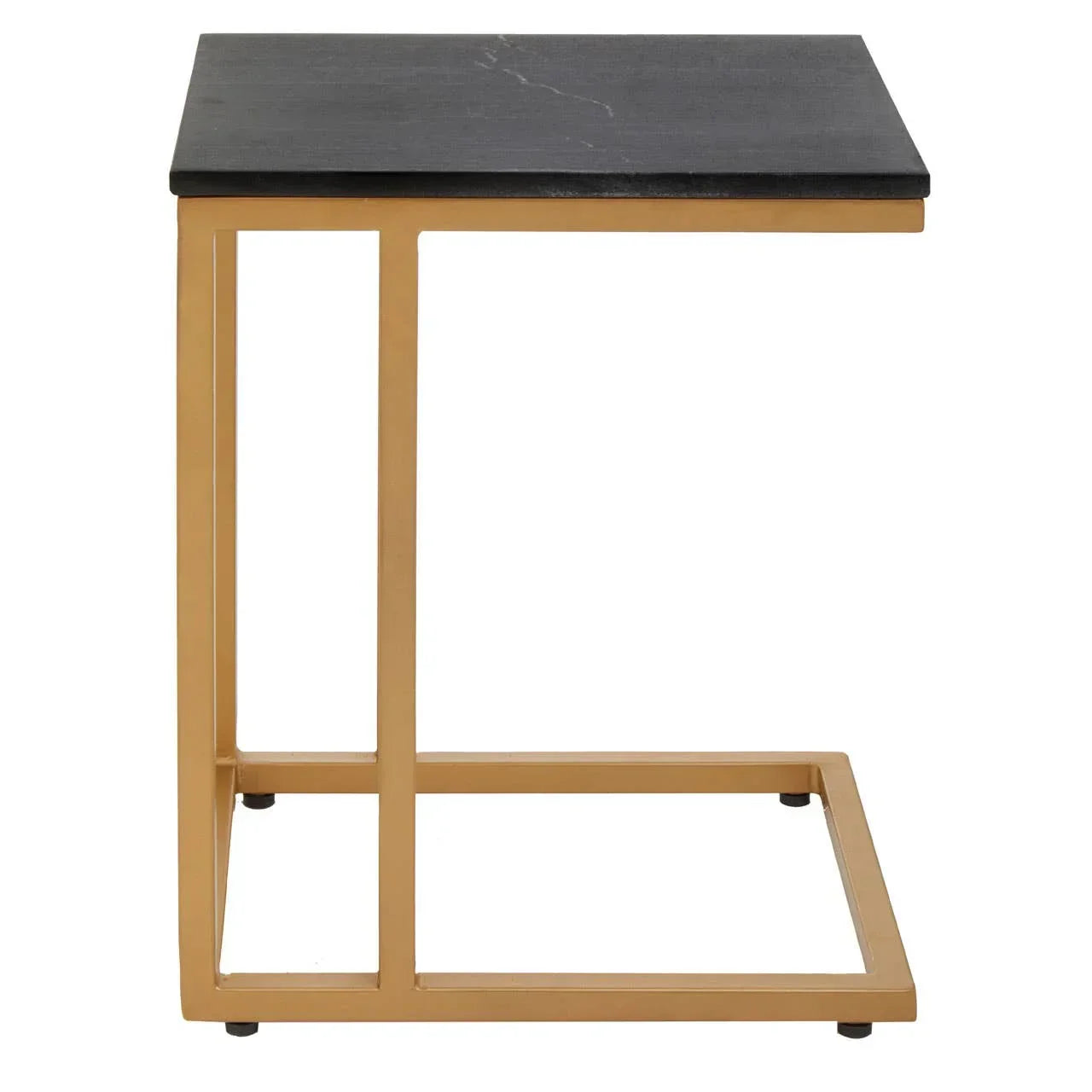 Black marble side table with gold metal frame, rectangular shape, side view