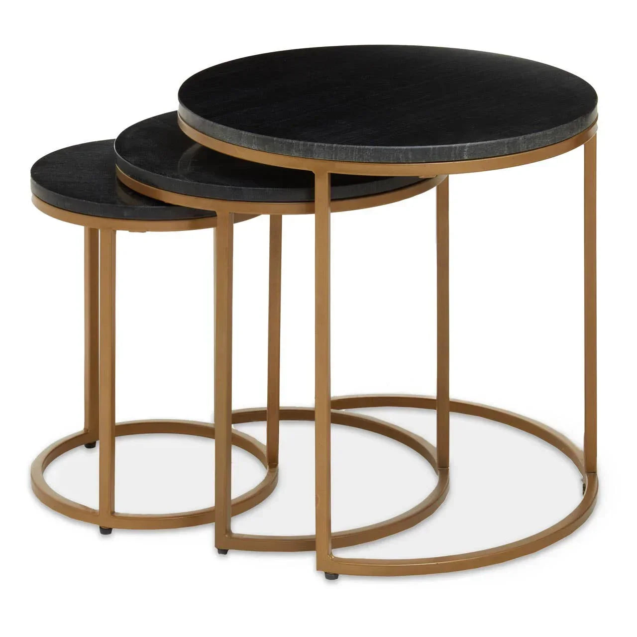 Set of three round nesting tables with black tops and gold metal frames, side view