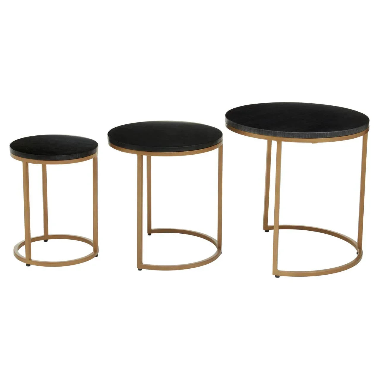 Set of three black round nesting side tables with gold metal frames