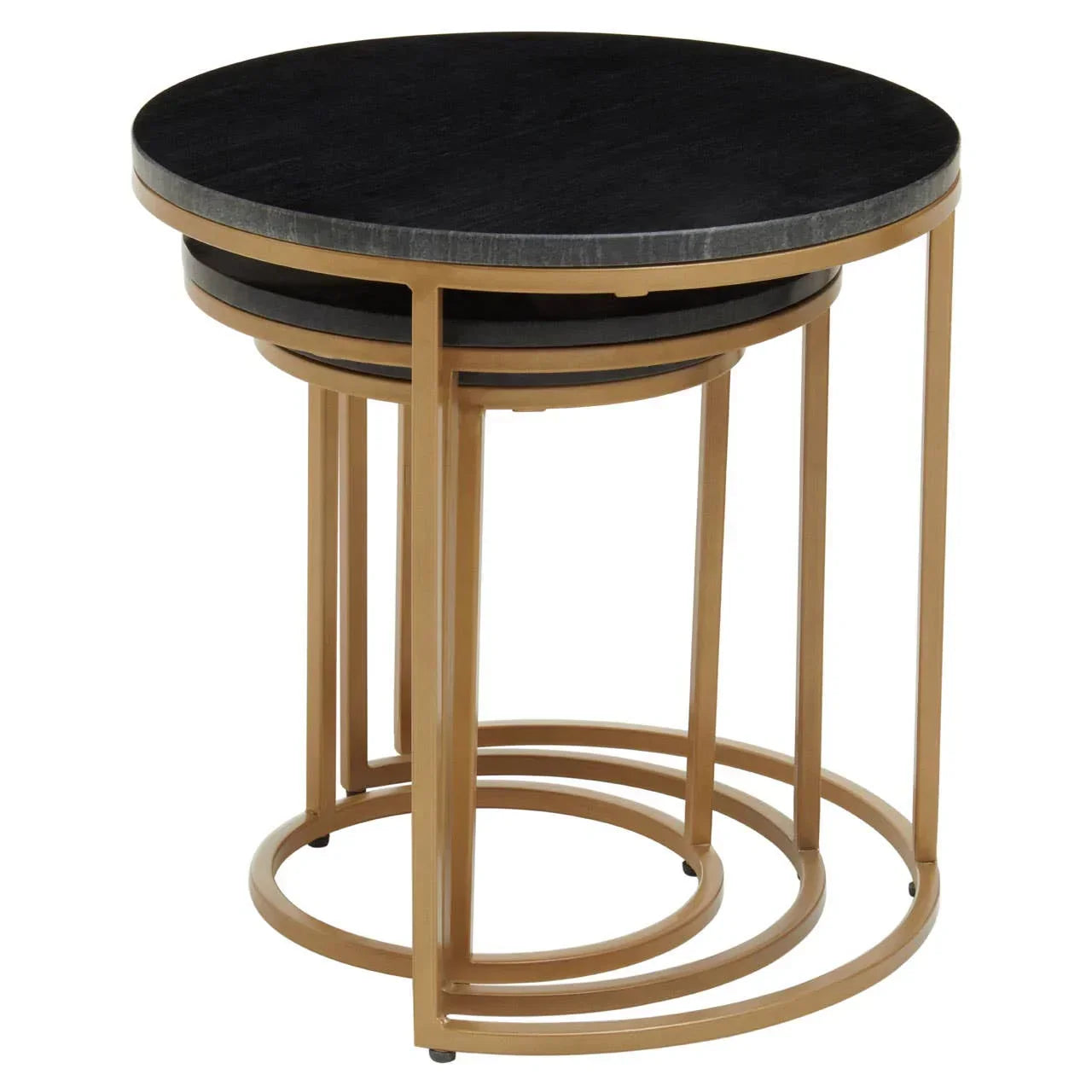 Round nesting side tables with black wooden tops and gold metal frames, stacked together