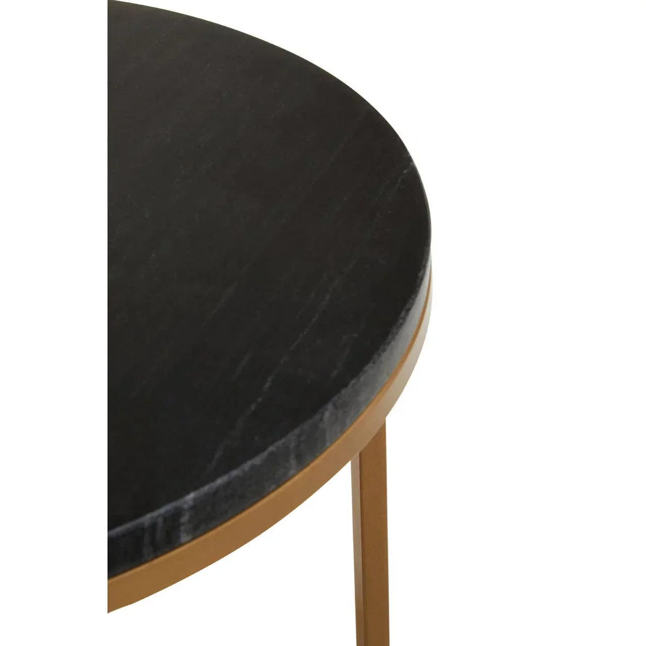 Round black marble side table with gold metal frame close-up