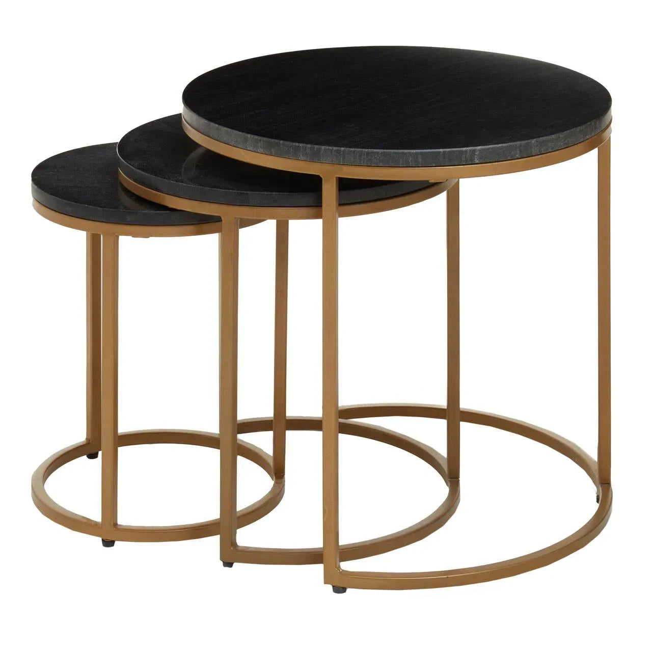 Set of three round nesting tables with black tops and gold metal frames