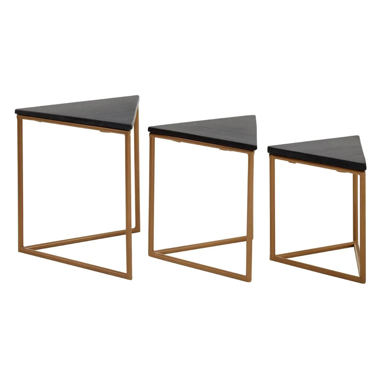 Set of three triangular nesting tables with black tops and gold metal frames