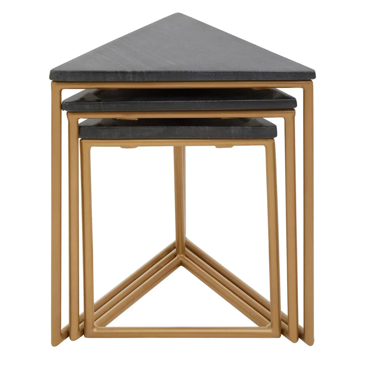 Set of three triangular nesting tables with black tops and gold metal frames