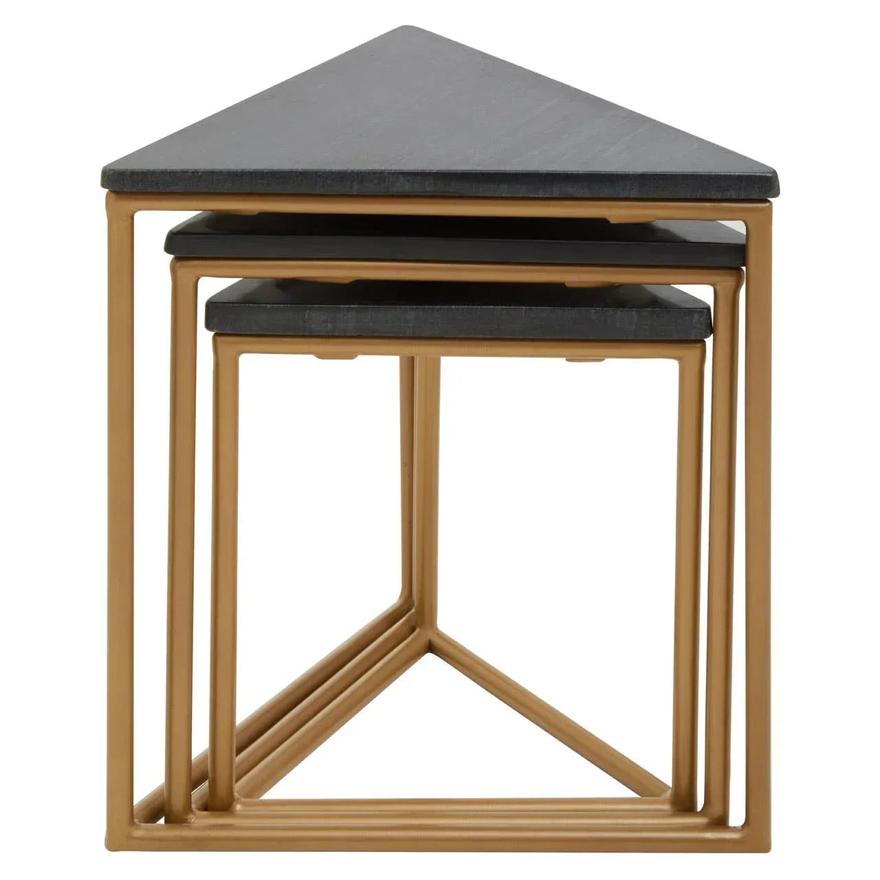 Set of three nesting tables with black triangular tops and gold metal frames
