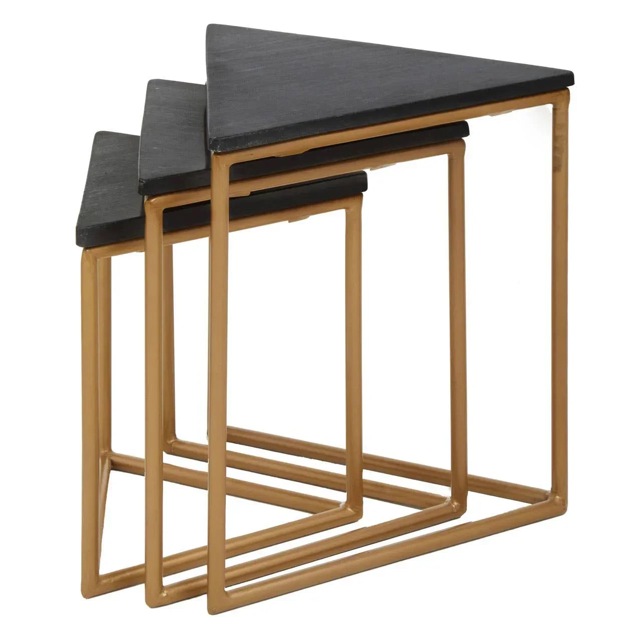 Set of three nesting tables with black triangular tops and gold metal frames