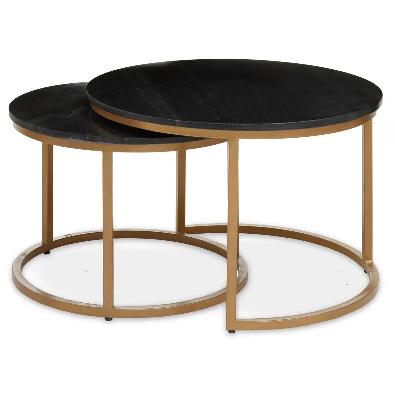 Round nesting coffee tables with black tops and gold metal frames