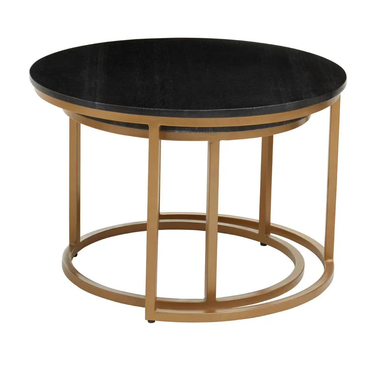 Round coffee table with black top and gold metal frame