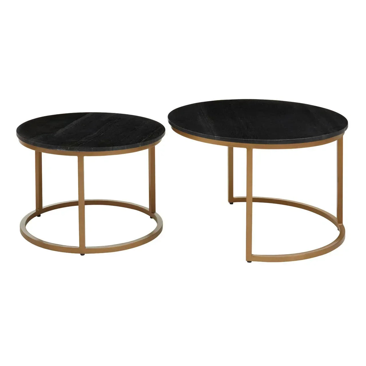 Round black coffee tables set with gold metal frames, modern nesting design