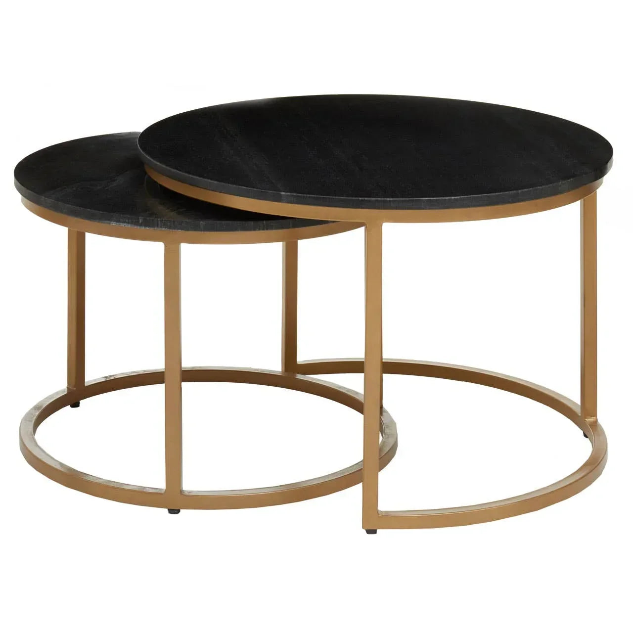 Round black nesting coffee tables with gold metal frames, set of two