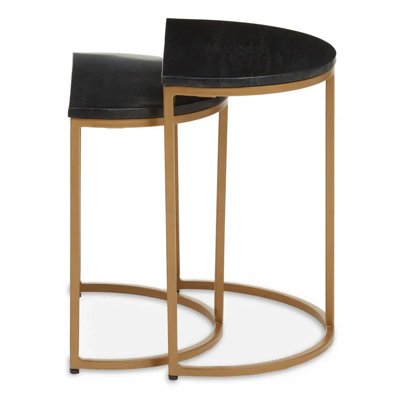 Set of two nesting side tables with black tops and gold metal frames