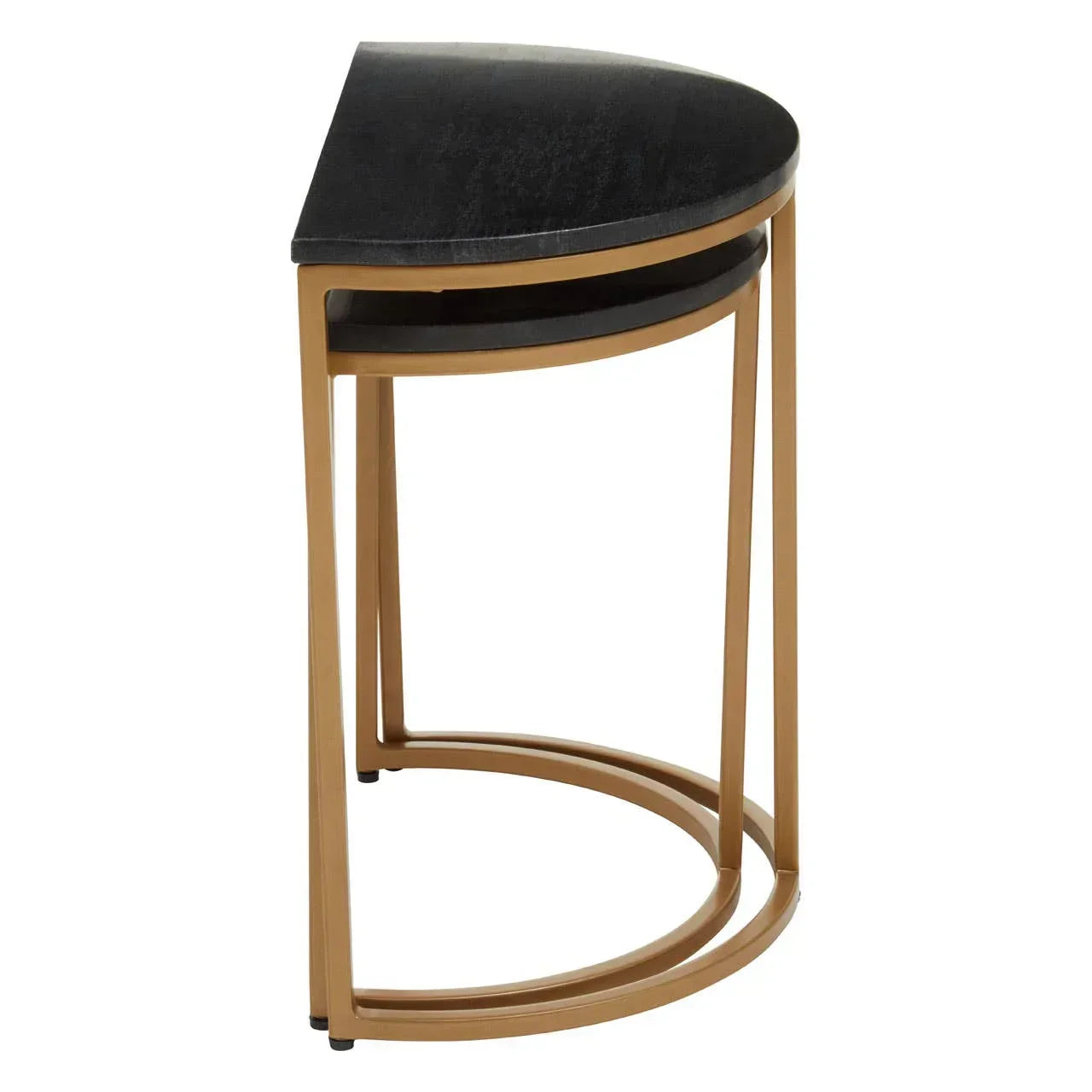 Black and gold half moon nesting table set with metal frame, side view