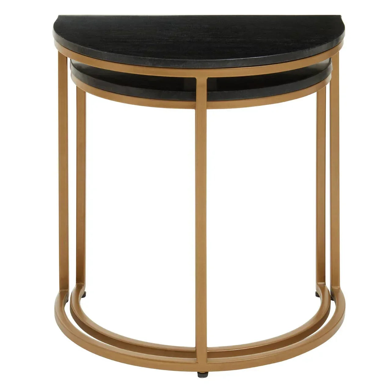 Set of two black and gold nesting tables with semi circular tops and metal frames