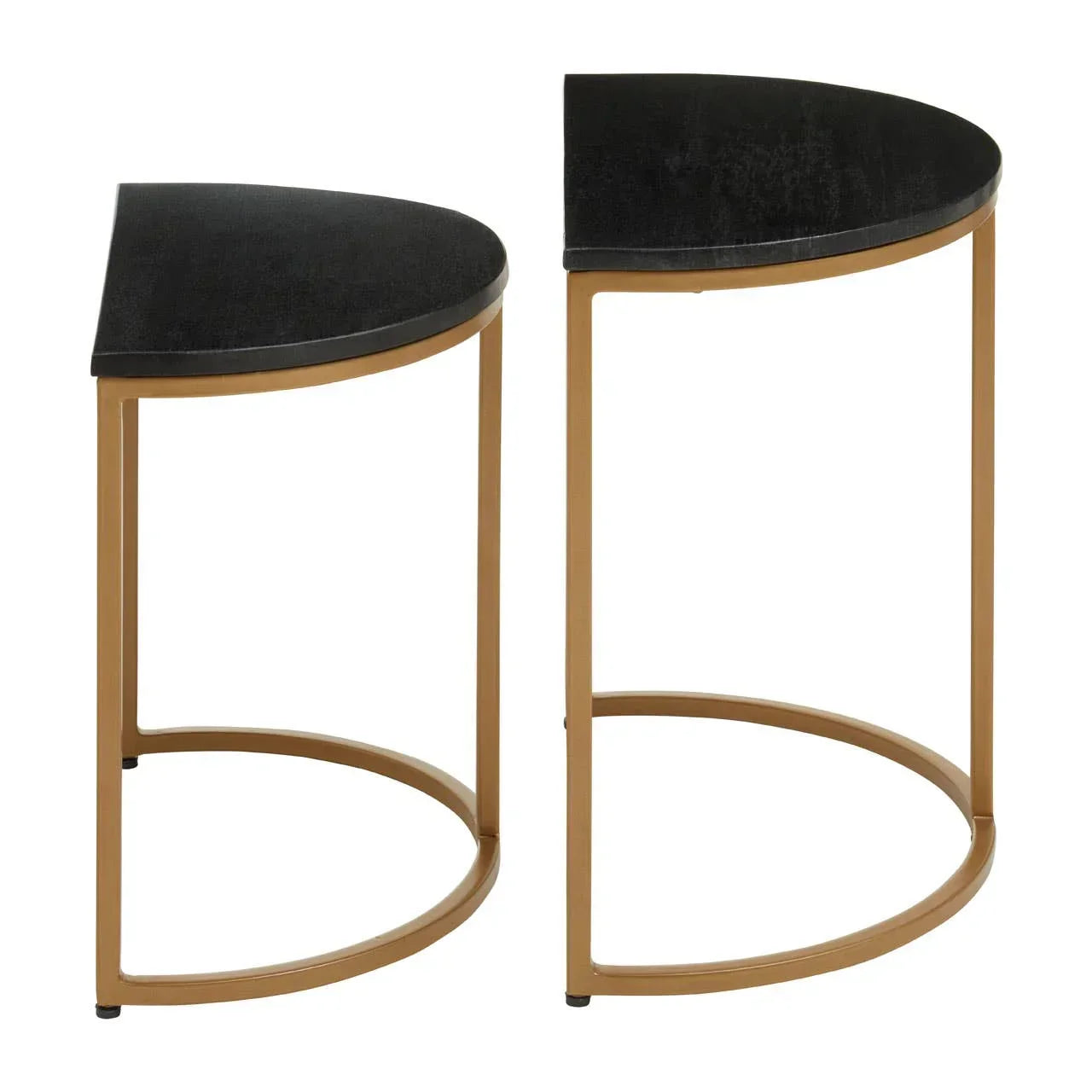 Set of two semi-circular black and gold side tables with metal frames
