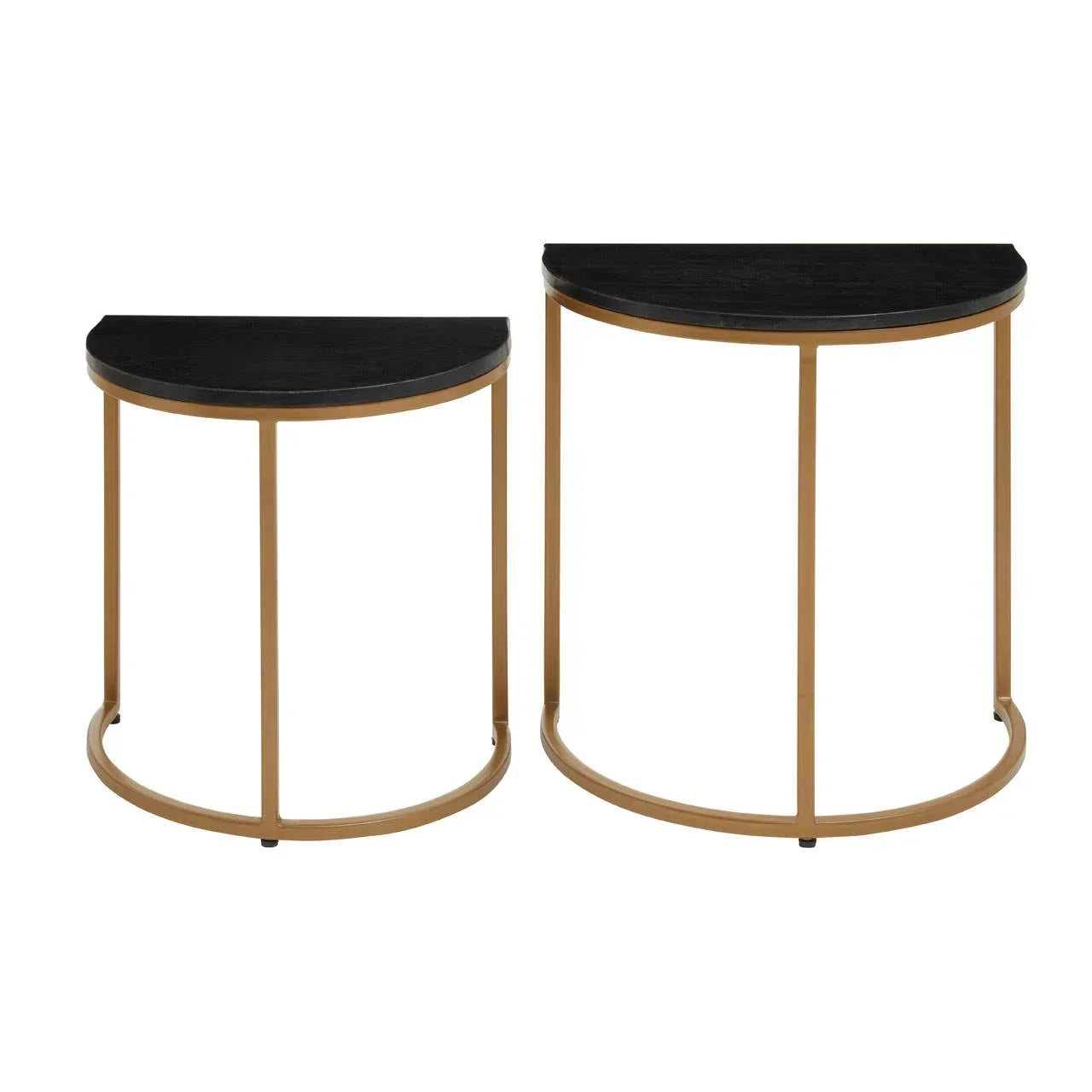 Set of two half-moon console tables with black tops and gold metal frames