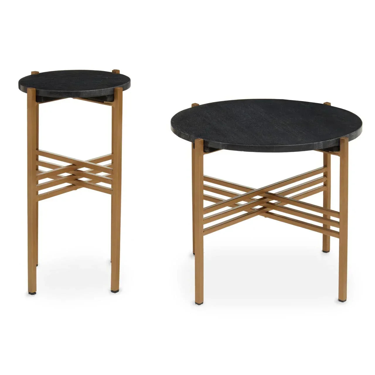 Set of two round black side tables with gold metal legs and geometric cross design