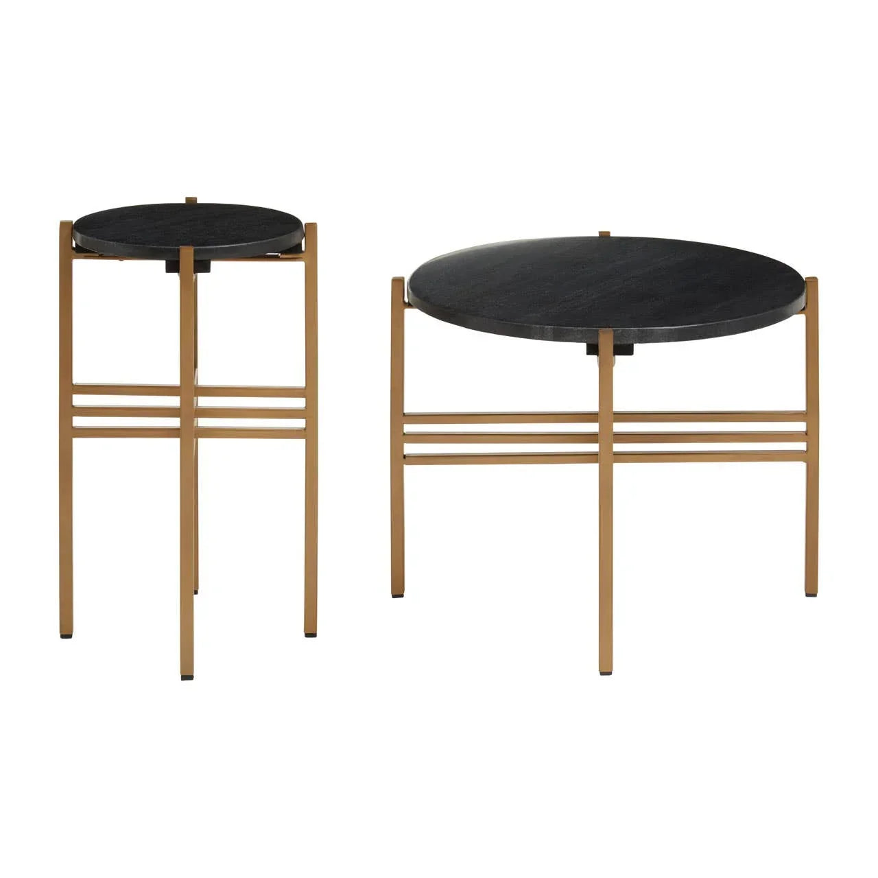 Set of round black side tables with gold metal frame, modern nesting design