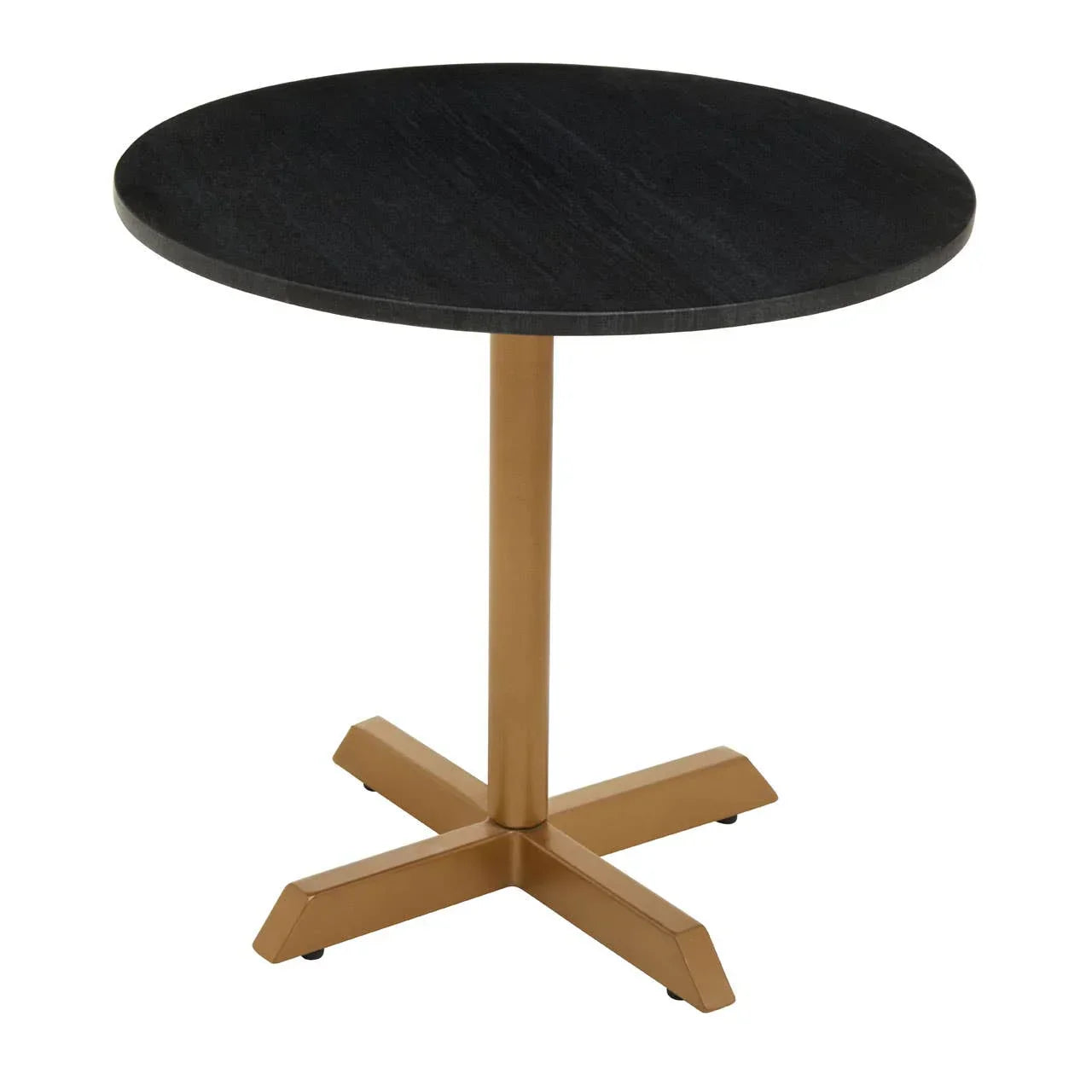 Round black dining table with gold pedestal base and cross legs