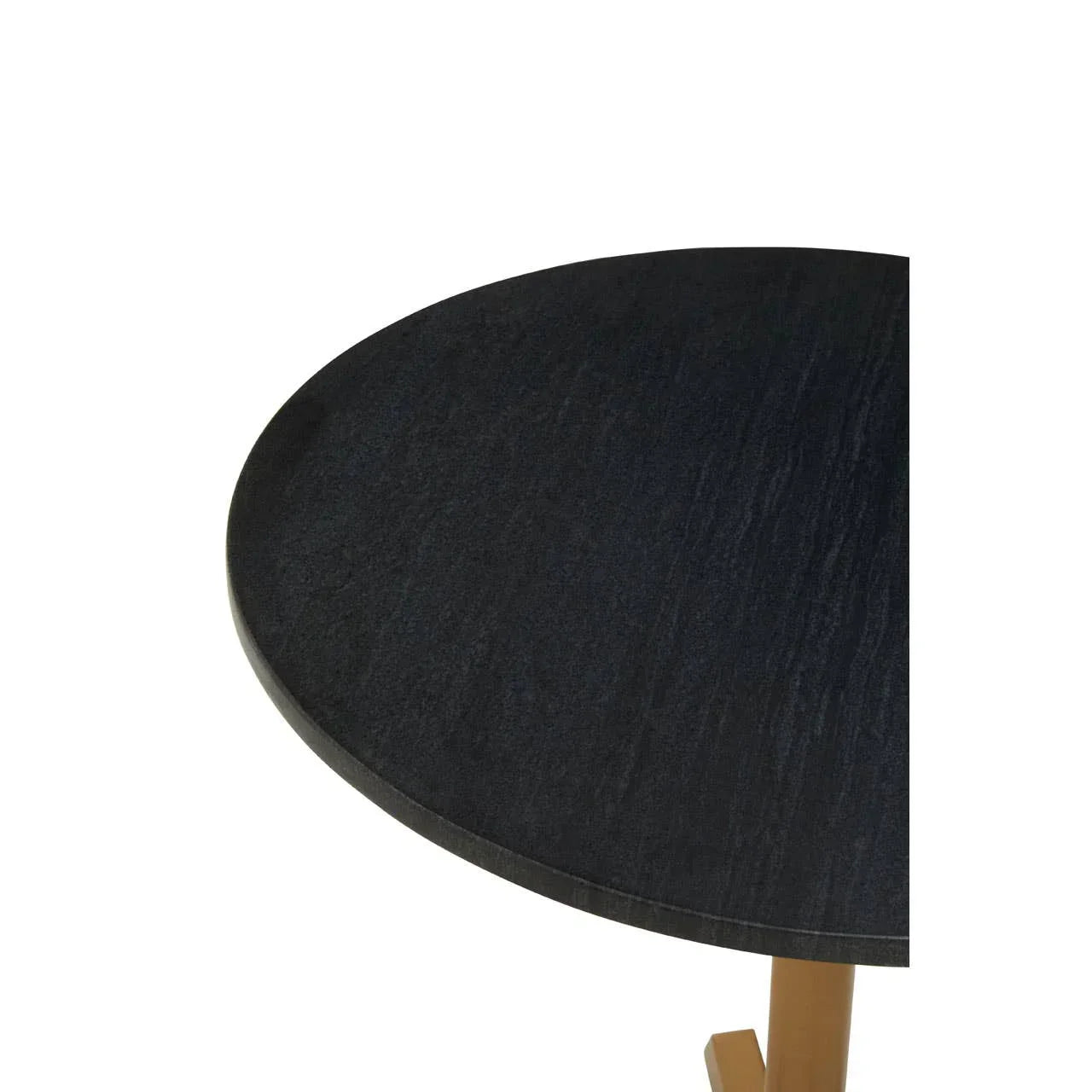 Round black tabletop with visible wood grain and angled wooden legs