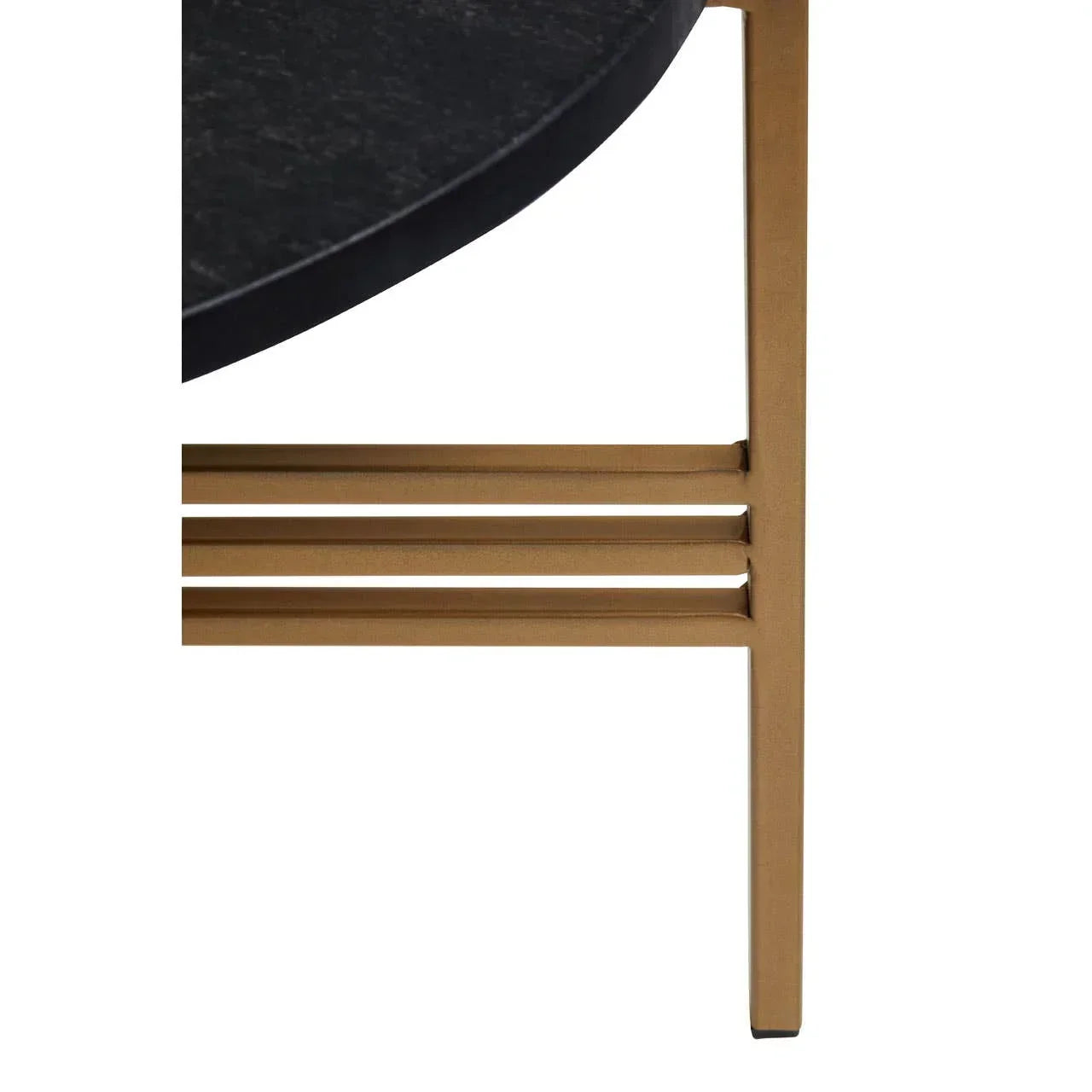 Black marble dining table top with gold metal frame and leg detail