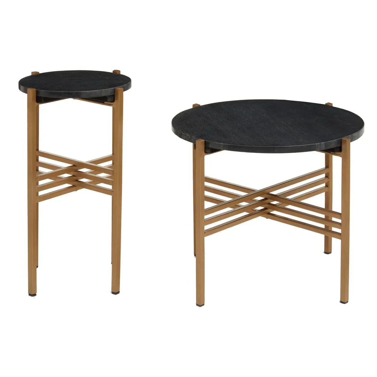 Set of two round side tables with black tops and gold metal cross-frame legs