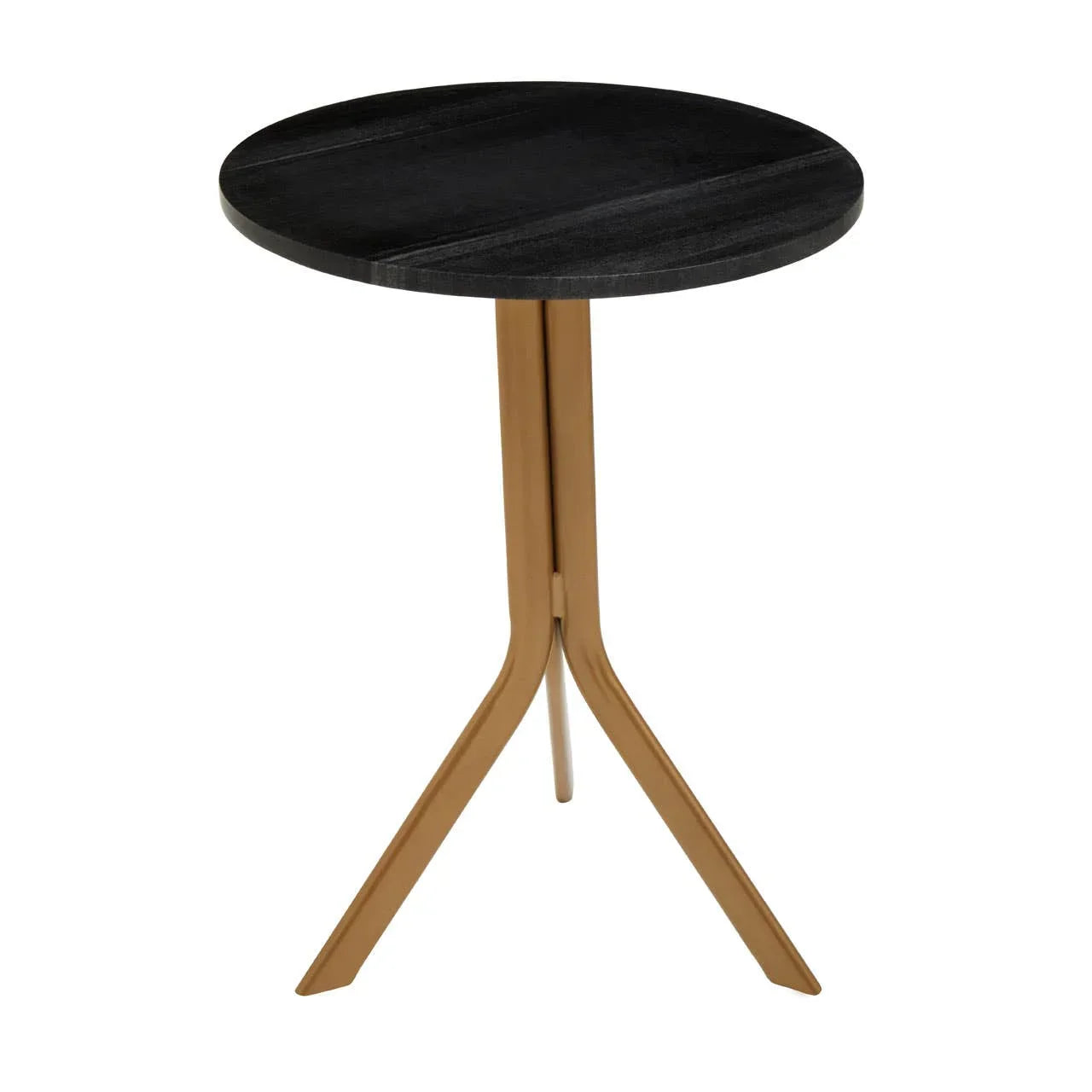 Round black side table with gold tripod base, modern minimalist furniture