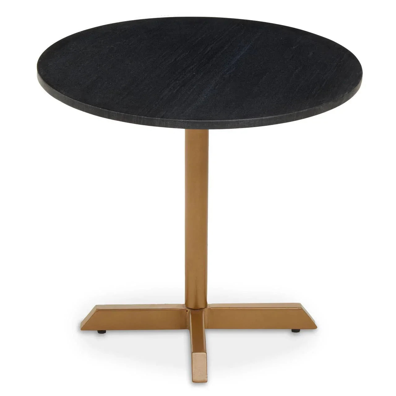Round black stone side table with gold metal pedestal base